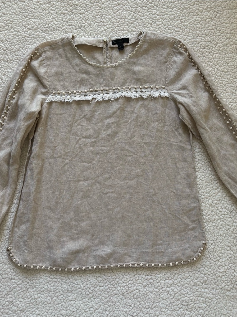 J. Crew Flax Linen French Knot Blouse size 8 • Boho Cottagecore Tunic fringe